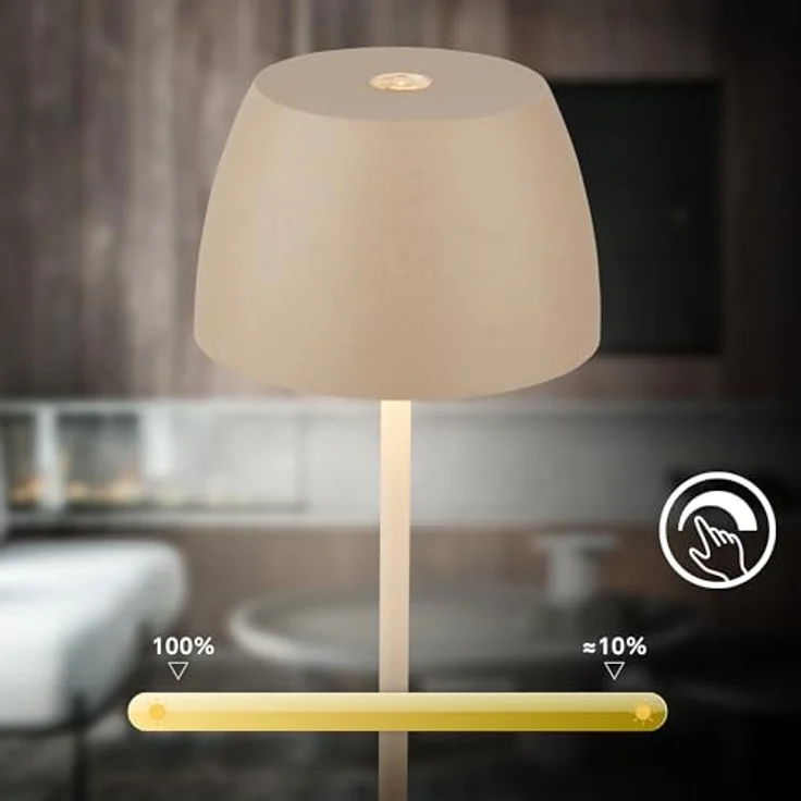 BRILONER - Mini LED Tischlampe kabellos IP44 mit Touch, stufenlos dimmbar, Akku & Lichtquelle tauschbar, Nachttischlampe, Dekolampe, LED Lampe, Akku Tischleuchte, Outdoorlampe, 8x20 cm (DxH), Beige – Bild 6