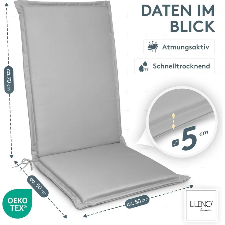 LILENO HOME Gartenstuhl Auflagen [1er Set - Hochlehner] in Grau - bequeme Liegen als Sitzauflagen für Gartenmöbel - Stuhlkissen für Gartenstühle und Klappstühle MIA – Bild 2