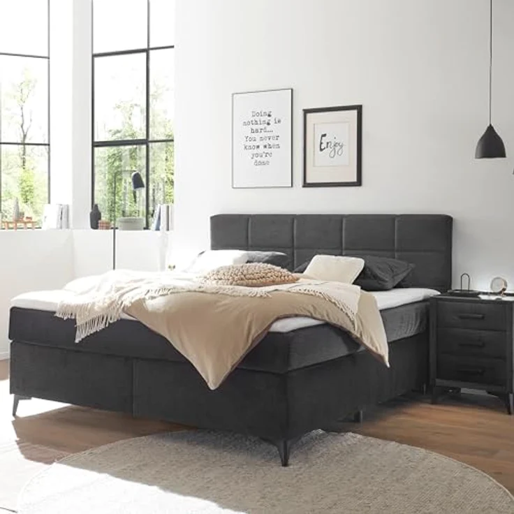 NAVARRA 6 Boxspringbett 160x200, Schwarz - Bequemes Doppelbett mit 7-Zonen-Federkern Matratze & Kaltschaum Topper - 163 x 113 x 210 cm (B/H/T) – Bild 3