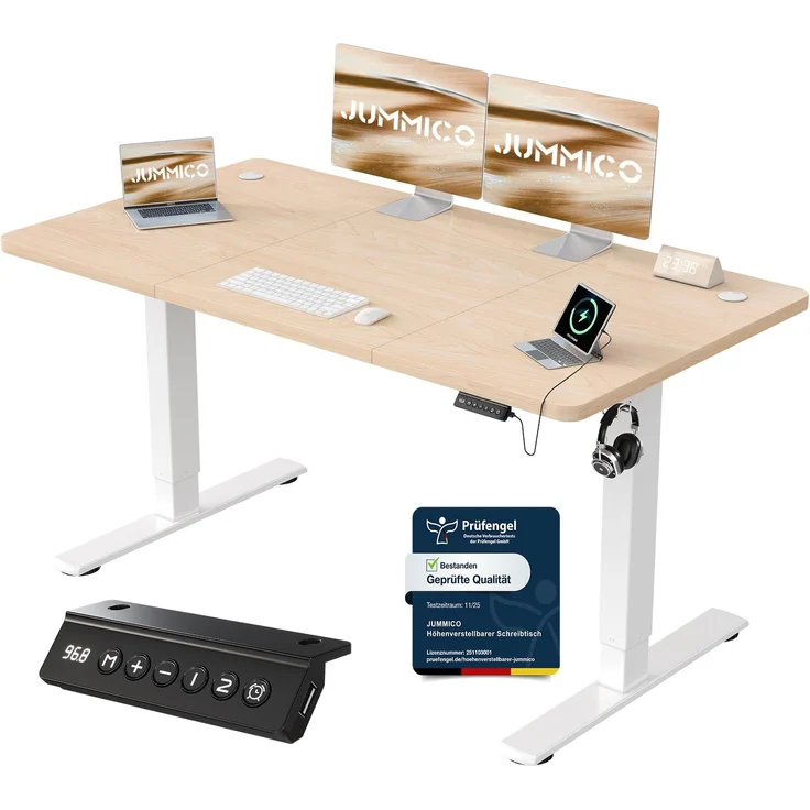 JUMMICO Höhenverstellbarer Schreibtisch mit USB-Ladeanschluss 140 x 60 cm, Schreibtisch Höhenverstellbar Elektrisch, Steh-Sitz Tisch Stehpult Verstellbarer Computertisch,Standing Desk,Beige