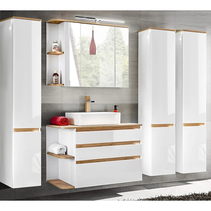 Badmöbel-Set mit Keramik-Waschtisch CAMPOS-56, Hochglanz weiß mit Wotaneiche, 3 Hochschränke B/H/T: ca. 244/200/50 cm – Bild 1