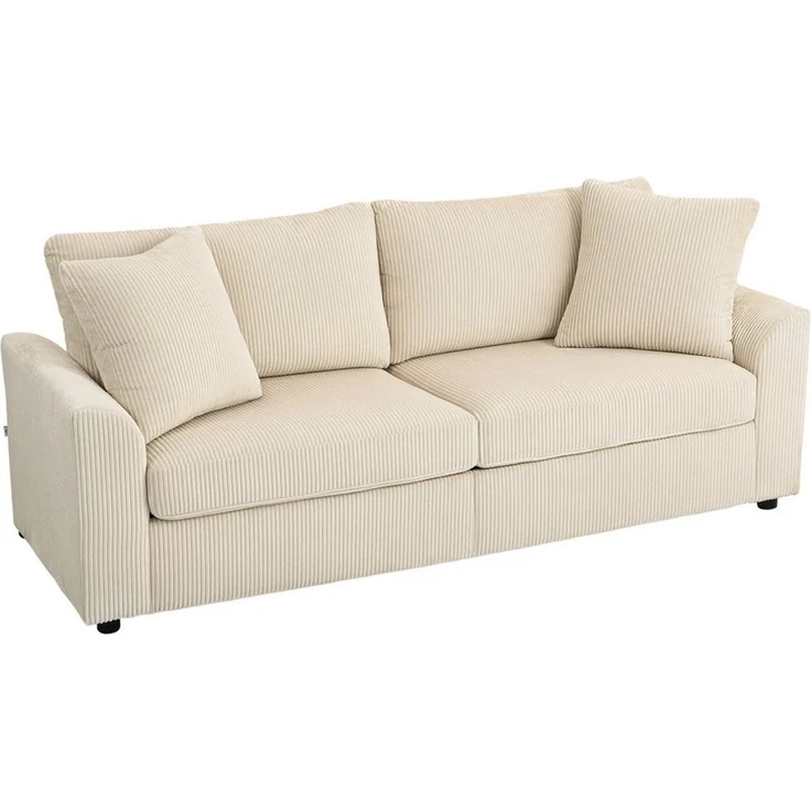 HOMCOM 3-Sitzer mit Zierkissen, Cordsofa, 212 cm breit, Couch 1 Teile, für Wohnzimmer, Schlafzimmer, Cremeweiß