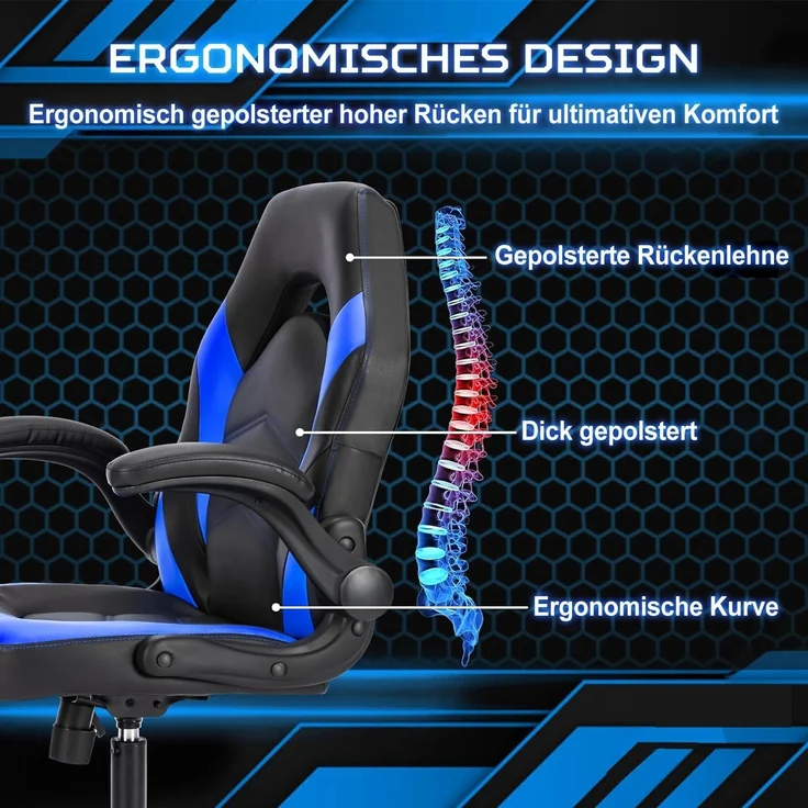 DUMOS Gaming Stuhl - Ergonomischer Gaming Sessel, Verstellbarer Drehbarer Gamingstuhl aus PU-Leder mit klappbaren Armlehnen, Geeignet für Zuhause, Büros usw(Schwarz-Blau) – Bild 4