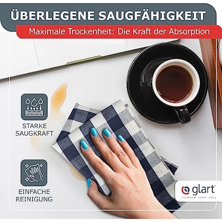 Glart 48KB2 Geschirrtücher 10er Set 50x70 cm blau kariert – 100 % Baumwolle, OEKO-TEX zertifiziert, vorgewaschen, saugstark, waschbar, langlebig, mit Aufhänger, für Haushalt, Küche, Gastronomie, Büro – Bild 5
