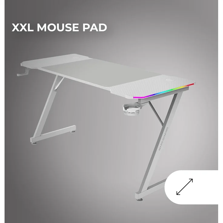 Mars Gaming MGD-X140RGB, Ergonomischer Gaming-Tisch, ARGB-Beleuchtung mit Fernbedienung, Carbonfaser, XXL-Mauspad, Kopfhörer und Getränkehalter, Kabelmanagement, Gaming-Schreibtisch 140x60 cm, Weiß – Bild 4