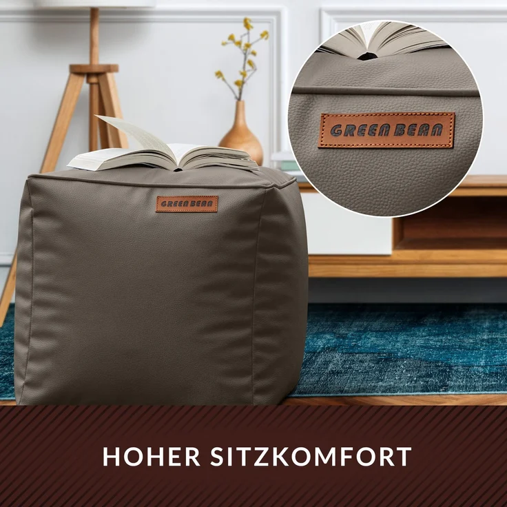 Green Bean® Sitzhocker aus Kunstleder - Pouf mit EPS Perlen Füllung - 40 x 40 cm - perfekte Ergänzung zum Sitzsack - Hellbraun-Grau – Bild 5