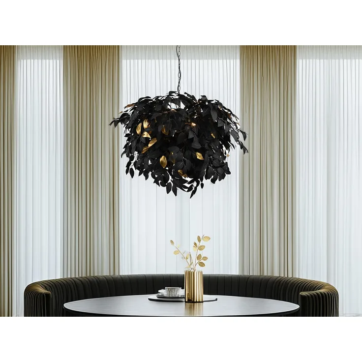 Hängeleuchte, 4-Flammig, Blätter, schwarz-gold, D 70 cm