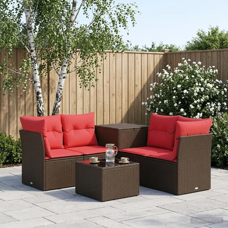 vidaXL Sofa Set 6 stk. Braun und Rot Polyrattan und Stahl 3447347 – Bild 1