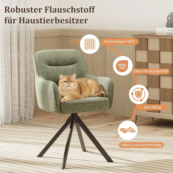 COLAMY Drehbare Esszimmerstühle 6er Set mit Armlehnen, Drehbare Polsterstühle für Küche & Esszimmer aus weichem Florstoff mit Metallgestell und Rückenlehne, für Esszimmer, Küche, Büro,Grün – Bild 7