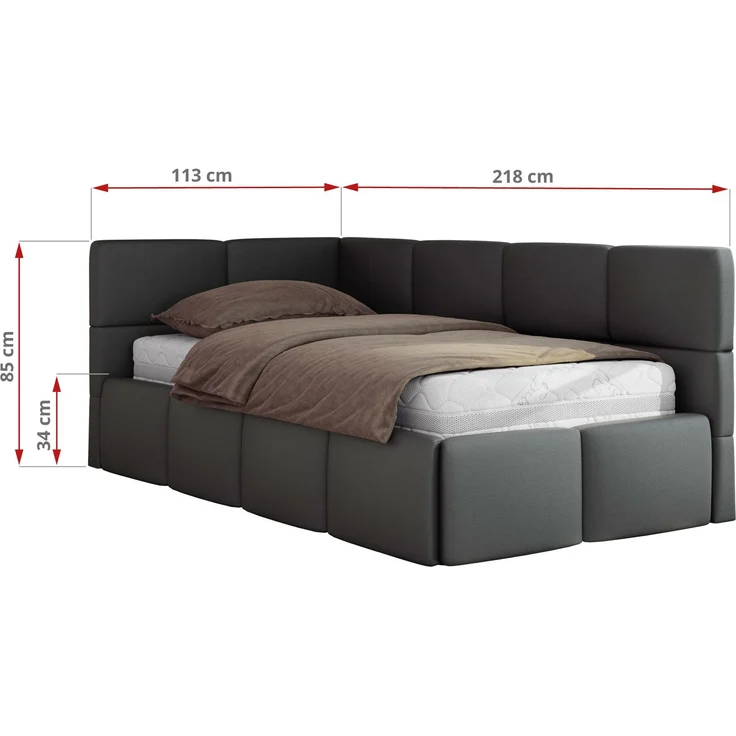 Jugendbett 90x200 ARVO Polsterbett mit Bettkasten, Stauraum & Gasdruckfeder, Modernes Design mit Kopfteil, Foam Matratze - Grau Kunstleder - MIRO LUX - Links Seite – Bild 3