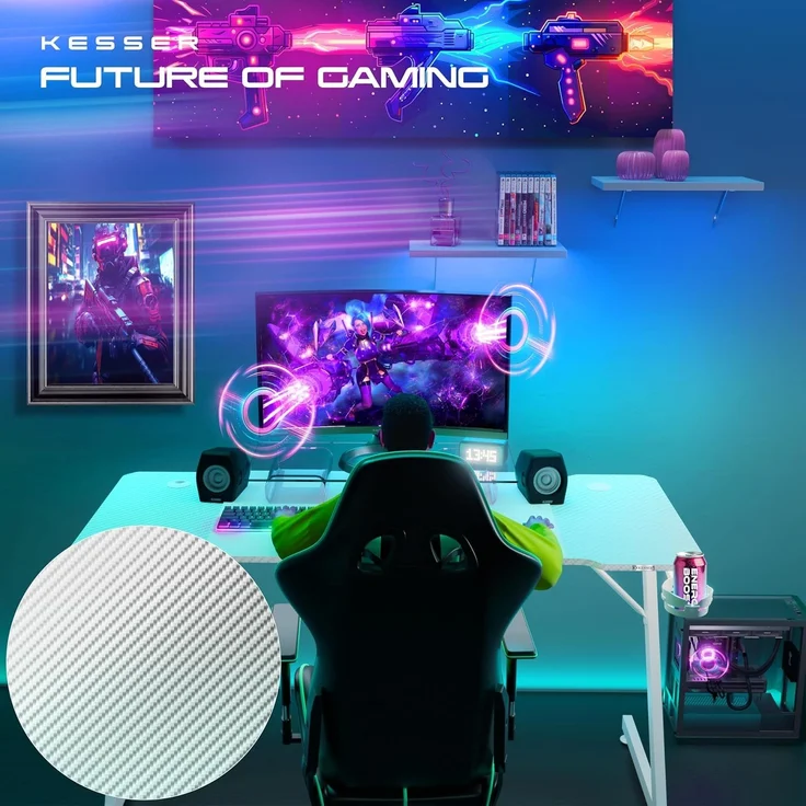 KESSER® Gaming Tisch LED | Z-Form Gamer Schreibtisch | Kopfhörerhaken & Kohlebeschichtung | Ergonomischer PC Computertisch | Stabiler Tisch mit Mauspad & Getränkehalter Weiß Carbon, 140 x 60 cm – Bild 4