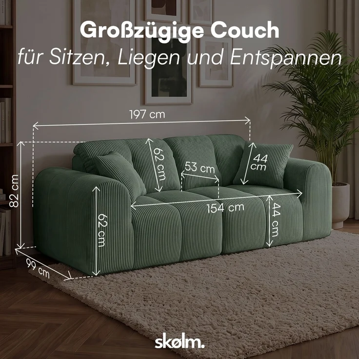 skølm 'Vanaheim' Sofa 2 Sitzer mit 2 Kissen, Cloud Sofa dunkelgrün, Cord, Vollschaumcouch mit Federkern und Vakuum-Kompression, kein Aufbau erforderlich – Bild 8