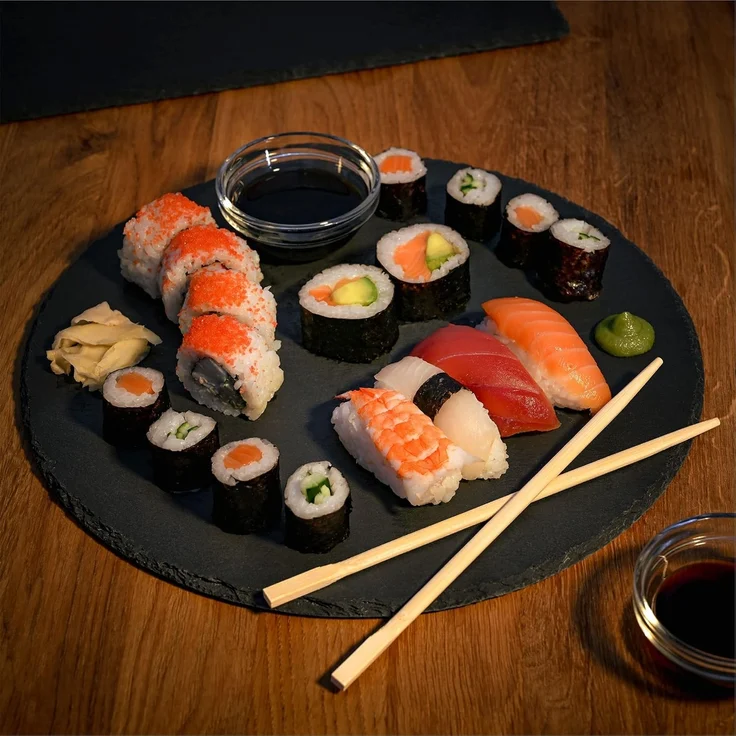 Praknu Servierplatte Schieferplatte Rund 30 cm, Schiefer, (Set, 6-tlg), Rutschfest – Bild 4