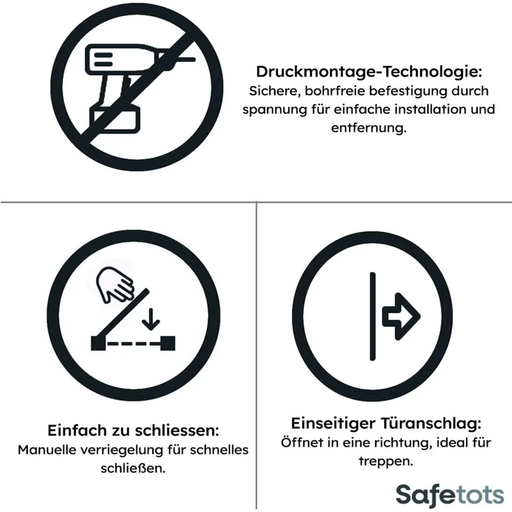 Safetots Extrahoher Metall-Sicherheitsgitter, Druckmontage, 75cm - 82. 6cm, Mattschwarz, 104cm Höhe, Extrahohe Treppengitter, Gitter für hohe Babys, Einfache Installation – Bild 4