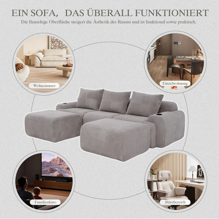 DESVIAE Sofa modular mit Getränkehalter und Seitentasche 268x80x174 cm Cord Hellgrau – Bild 6