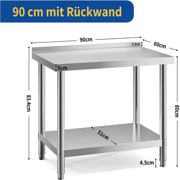 Home Nature Wohnkonzept Edelstahltisch Arbeitstisch Grilltisch Outdoor Küchentisch mit Ablagefläche, stabil bis 90 kg, 83,4 x 60 x 90 cm – Bild 2