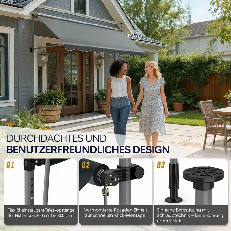 Ferghana Klemmmarkise Klemmmarkise Ohne Bohren, Balkonmarkise Höhenverstellbar (Sonnenschutz Wasserdicht UV-beständig, Sonnenmarkise für Terrasse Balkon Garten) Sichtschutz Markise – Bild 3