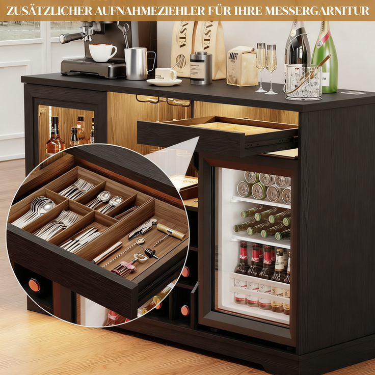 Weinschrank 120x40x78 cm mit LED-Beleuchtung, 9 Weinregalen und 2 Glashaltern, Holz & Schwarz – Bild 7