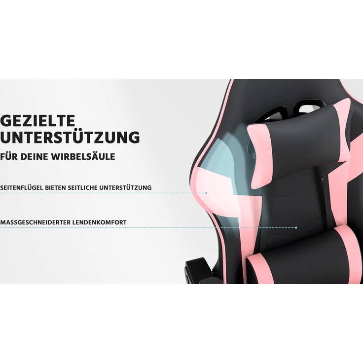 Gaming-Stuhl, PVC-Leder, ergonomisch, mit verstellbarer Rückenlehne & Fußstütze, 58,5x63x120,5 cm, Schwarz+Rosa – Bild 8