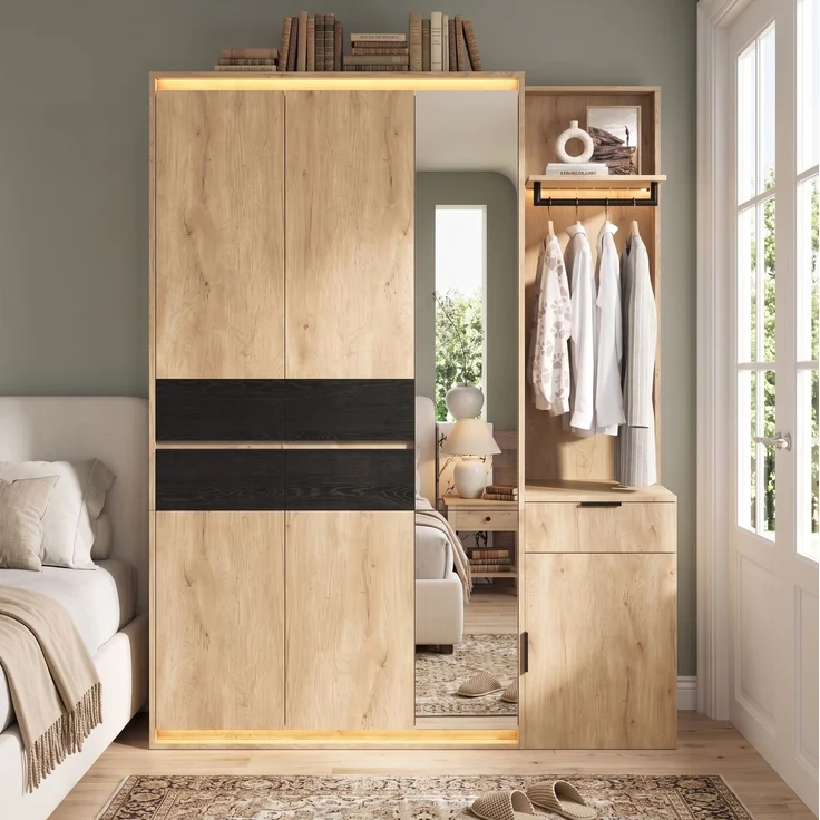 Garderoben-Set 155x47x200 cm mit Spiegel, LED-Beleuchtung und 5 Schubladen – Bild 1