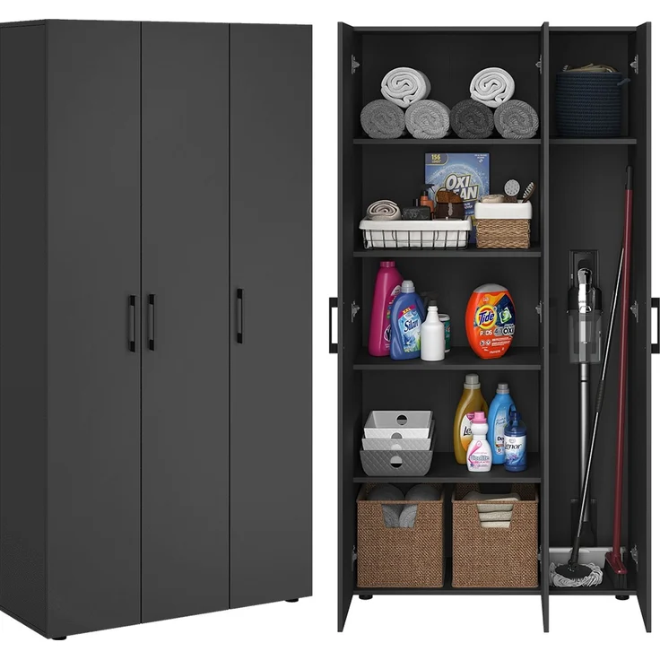 Bellamio 'Apol' Mehrzweckschrank, schwarz, 176x33x90 cm, Putzschrank mit 3 Türen und 5 Regalen, Besenschrank mit Staubsaugerfach – Bild 1