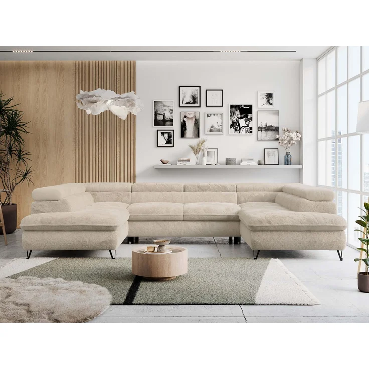 Ecksofa U-Form, mit Bettkasten, Bettfunktion und Einstellbare Kopfstützen, Sofa big XXL - PETER U - Creme Plüsch – Bild 1