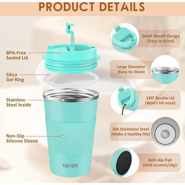 KETIEE Thermobecher to go 380ml - Türkis - Isolierbecher mit auslaufsicherem – Bild 3