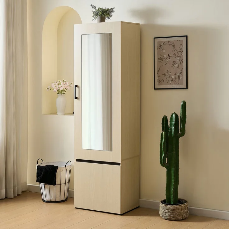 Schmaler Garderobenschrank mit Spiegel und ausziehbarer Kleiderstange – Moderner Flurschrank, platzsparender Garderobenschrank für Flur, Schlafzimmer und Wohnung.[OLD SKU: GL3812N]--Holz--54x34.5x179.5cm--YOUDENOVA – Bild 2