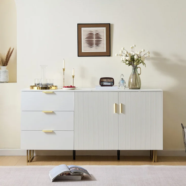 DESVIAE Sideboard mit 3 Schubladen und 2 Türen 160x81,5x40 cm MDF Weiß – Bild 3