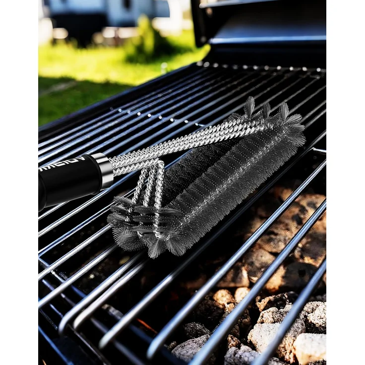 VDISRR Grillbürste, Grillbürste für Gussrost, Dreireihigen Edelstahlborsten, Lange Griff aus Kunststoff, für Holzkohle-, Elektro- und Gasgrills (Grillbürste Lange Griff) – Bild 8