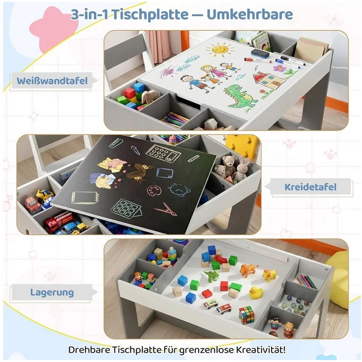 TLGREEN Kindertisch mit 2 Stühlen, Kindersitzgruppe (Kinder Tisch Stuhl Set mit wendbarer Tischplatte, 80 x 48 x 48 cm), Kinderschreibtisch für Schule, Kindertagesstätte, Kinderzimmer – Bild 4