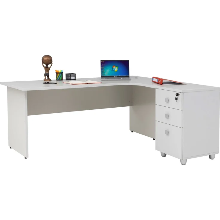 Winkelschreibtisch Dona, Holzfuß, grau Dekor, 180 cm x 120 cm x 74 cm, inkl. Beistellcontainer, rechts gewinkelt – Bild 5