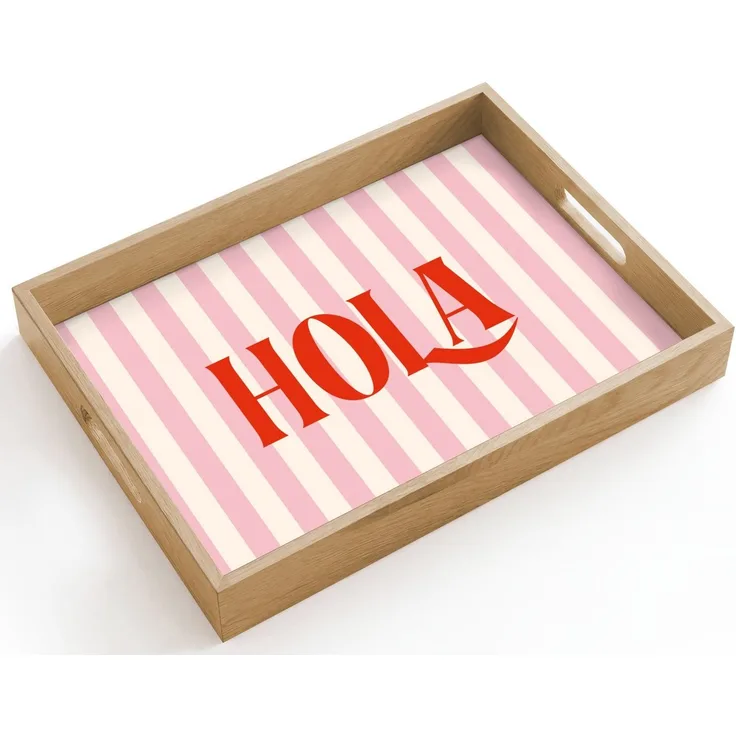 OnlyWow Tablett Rechteckig mit Henkel Hola - Zitat - Streifen - Pastell - Rosa - Rot -, Eichenholz, (1-tlg), Siervierplatte, Tray, Frühstücksbrett