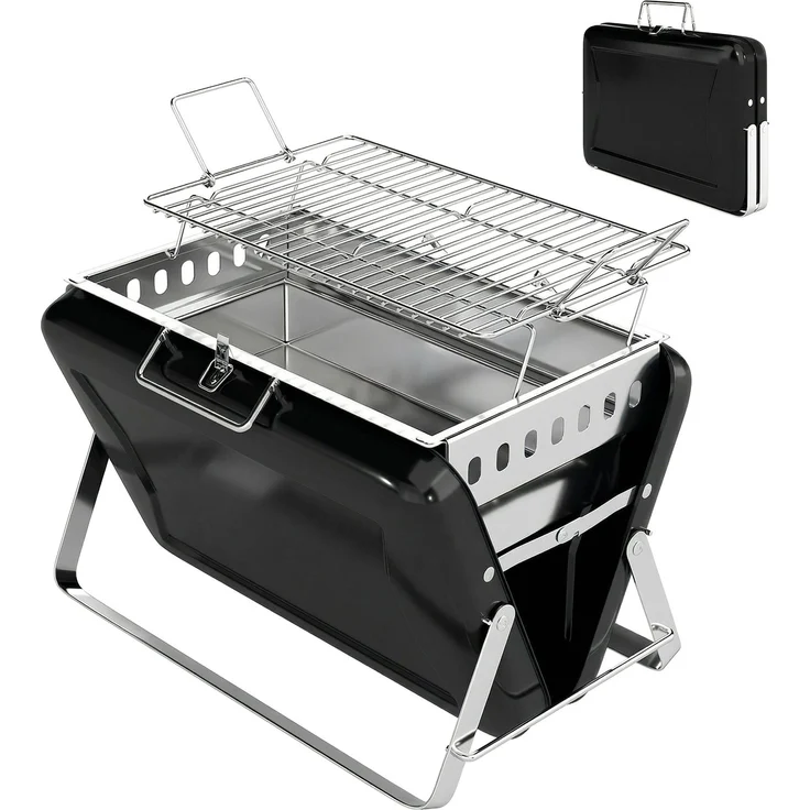 JARDJ Holzkohlegrill aus Edelstahl BBQ Smoker mit Grillrost Griff klappbaren Beinen für Barbeque Camping 40x28x25,5cm Schwarz – Bild 2