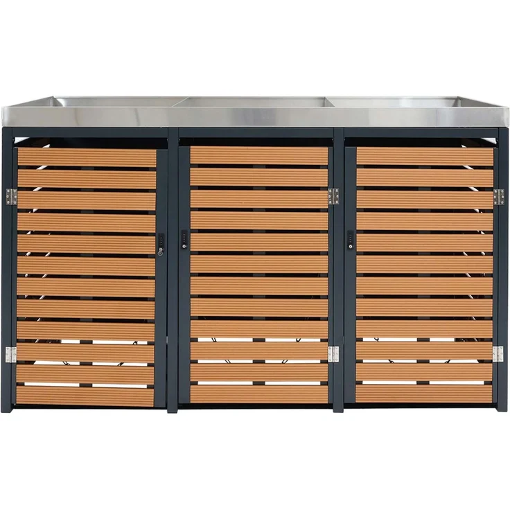 3er Mülltonnenverkleidung HWC-K14, Mülltonnenbox mit Pflanzkasten, 124x200x84cm WPC Edelstahl 107kg ~ Teak-Optik – Bild 6