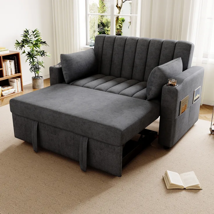 Multifunktions Schlafsofa mit 3-fach Rückenlehne & Getränkehalter, Baumwoll-Leinen, 136x162x84 cm, Grau