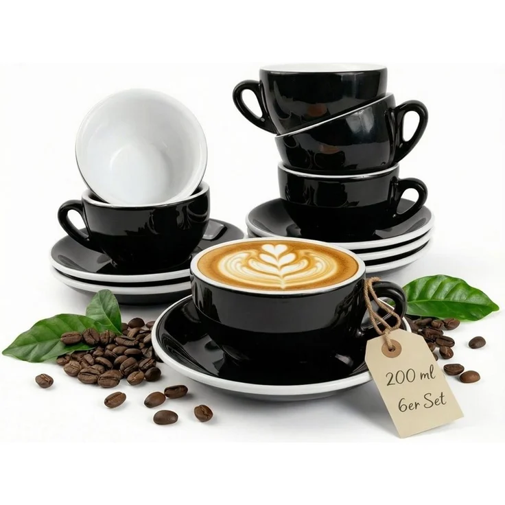 MUVELL Cappuccinotasse 6er Cappuccino-Set "Rimini" Tasse 200ml+Untertasse, schwarz, 6-tlg, Keramik, 200 ml Schwarz mit weißen Rand und Innenfläche – Bild 1