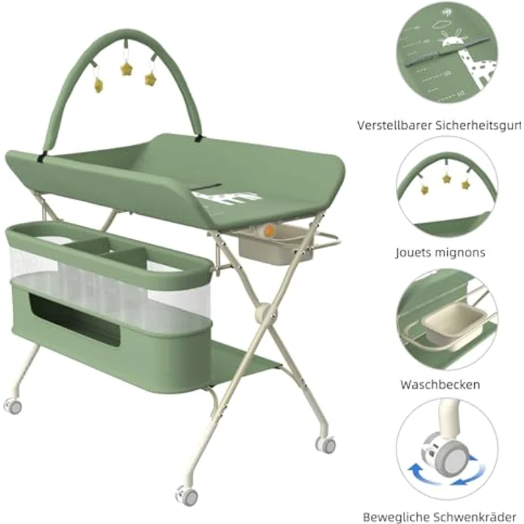 Wickeltisch, zusammenklappbar, mit Aufbewahrungskorb, Struktur aus Eisen, max. Belastung 25 kg, für Neugeborene, ergonomisches Design, Wickeltisch, 75 x 68 x 83–91 cm (B) Grün – Bild 7