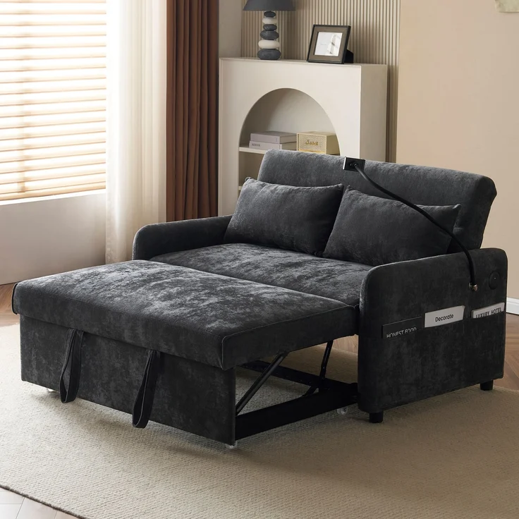 Ausziehbares Schlafsofa 2-Sitzer mit USB-Anschluss & verstellbarer Rückenlehne mit Kissen und Stauraumtaschen,multifunktionales,Grau – Bild 3