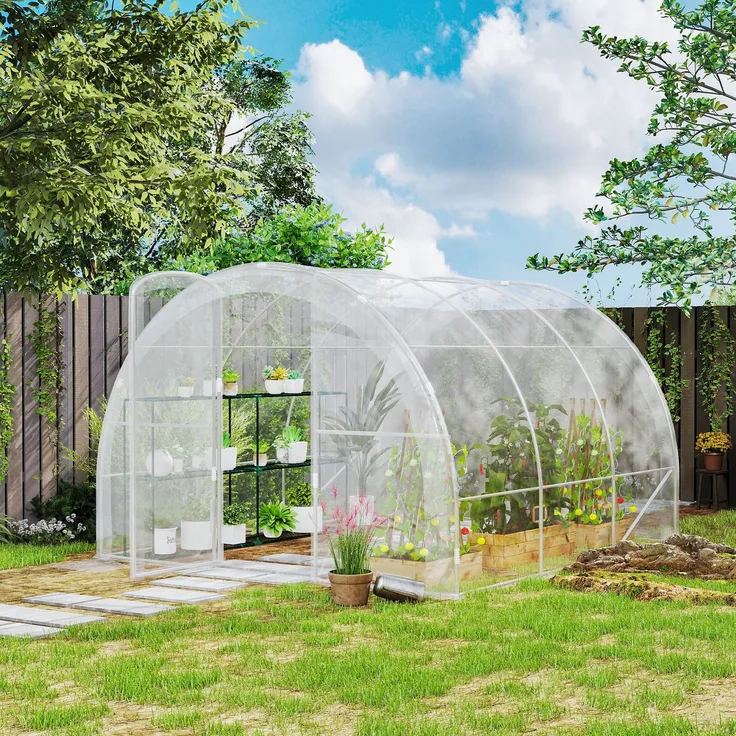 Wohnora-3 x 3 x 2 m (9 m²) Tunnelgewächshaus mit Flügeltür und 150 g/m² PE-Folie für Gemüse, Pflanzen und Blumen,H 1950cm x T 1640cm x B 2950cm,Transparent