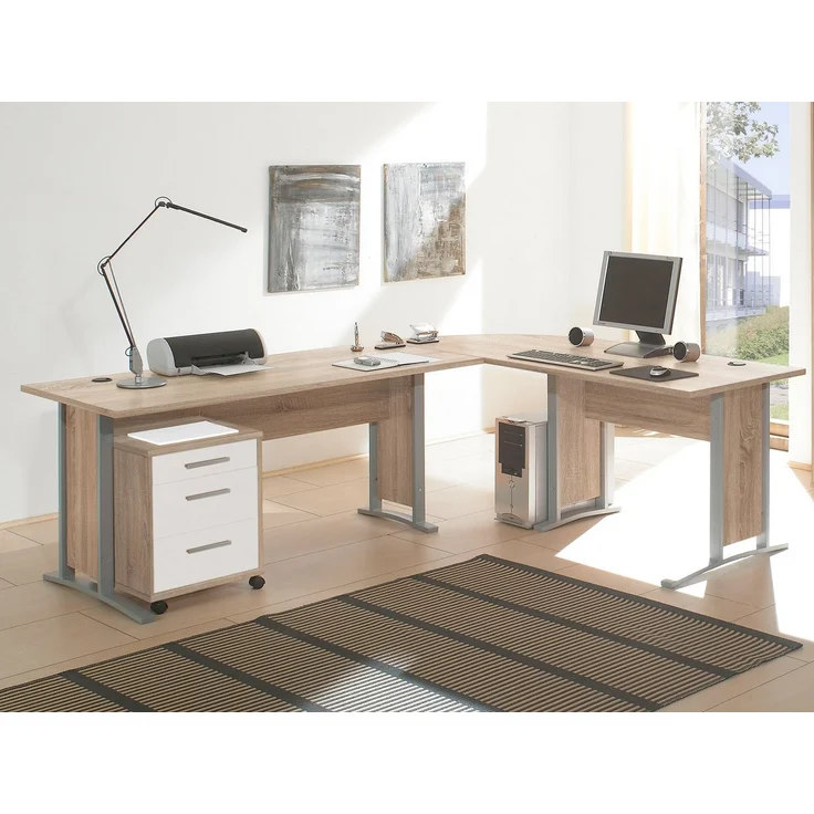 Büro Office Line Büromöbel Komplett Set in Eiche Sonoma kombiniert mit Weiß oder Eiche Sonoma – verschiedene Varianten wählbar - 5 teilig , Eckschreibtisch + Rollcontainer + 2x hohes Aktenregal + Aktenschrank hoch , weiß – Bild 2