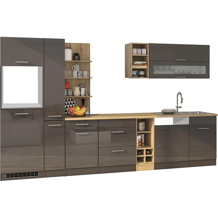Komplett-Küche 340 cm grau MARANELLO-03 , Anthrazit Hochglanz ohne E-Geräte B x H x T ca. 340 x 200 x 60cm