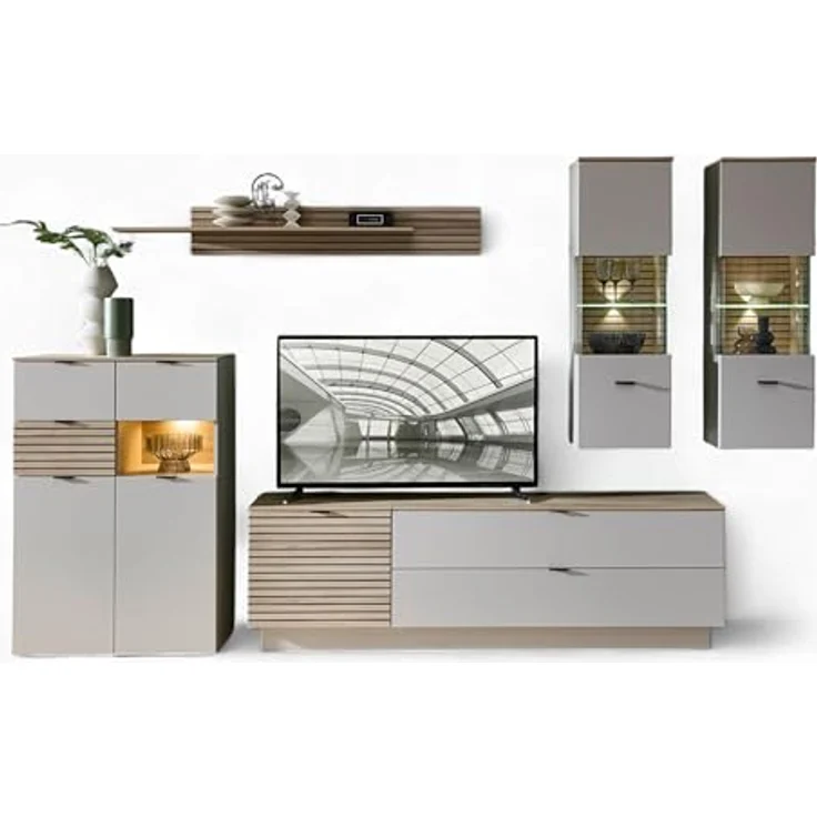 Stella Trading INA Wohnwand Komplett-Set in Kaschmir, Riva Eiche Optik FSC-Zertifiziert - Moderne Schrankwand 6-teilig mit LED-Beleuchtung für Ihr Wohnzimmer - 340 x 200 x 44 cm (B/H/T) – Bild 2