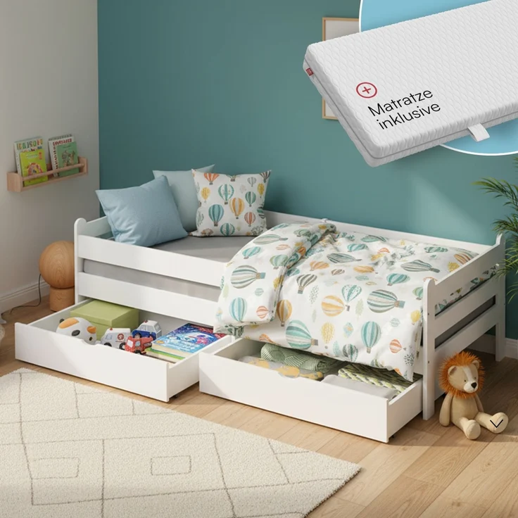 Bellabino 'Kuru' Kinderbett 90x200 cm mit Matratze und 2 Schubladen, weiß, Jugendbett mit Rausfallschutz und Lattenrost – Bild 1
