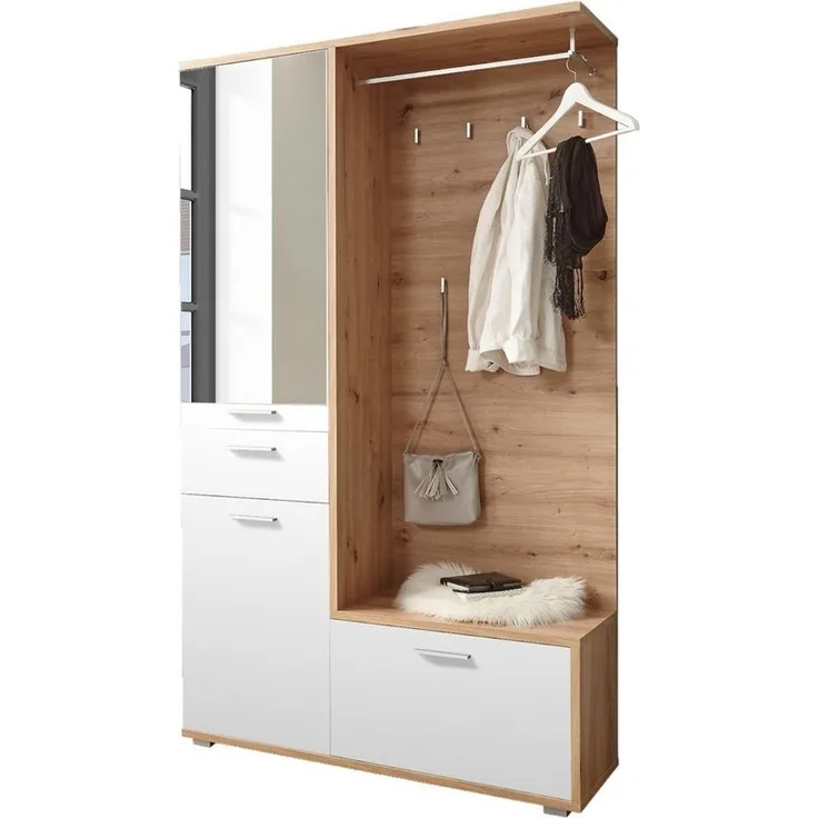 moebel-dich-auf Kompaktgarderobe ENTRY (Garderobenschrank + Paneel + Schuhschrank, in Artisan Eiche Nb. / Weiß) 117 cm breit