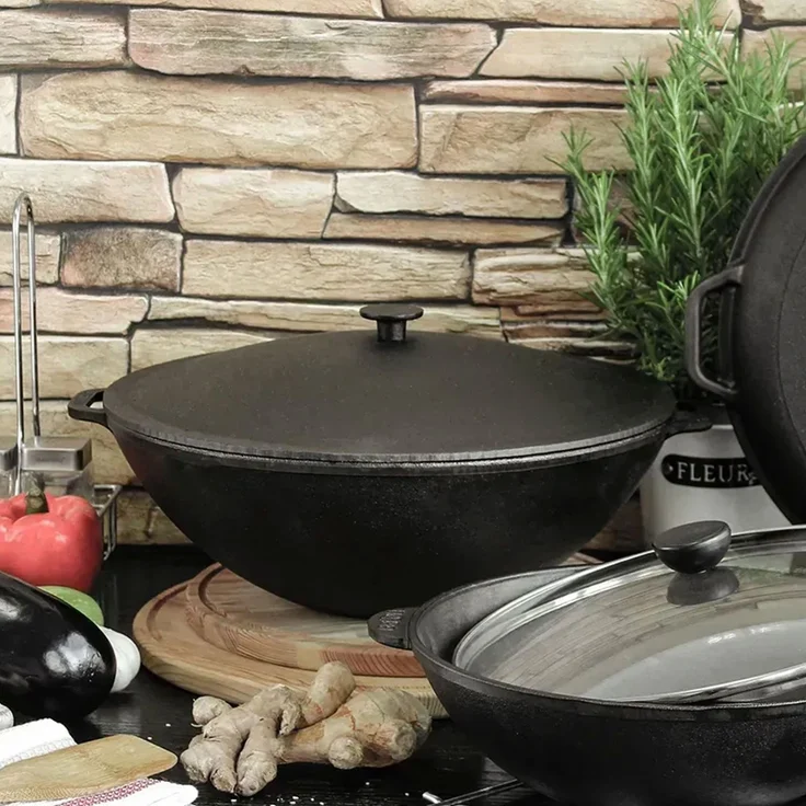 Ø36 cm Wok Gusseisen Kazan 8 L Gusseisendeckel Asia Wokpfanne Induktion Kessel Campingtopf Kochtopf für alle Herdarten geeignet – Bild 5
