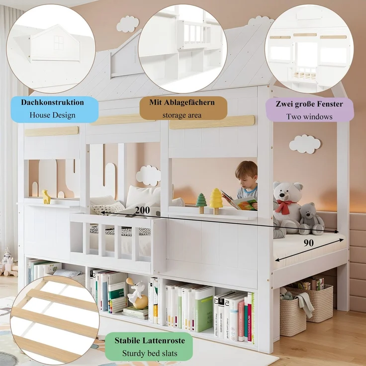 Hausbett mit Bücherregal, Dach und Lattenrost, 90x200 cm, Kinderbett mit Rausfallschutz, Massivholzbett, Kiefer – Bild 4