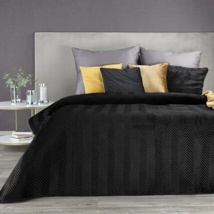 Tagesdecke Velours Samtdecke Gesteppt Steppdecke Klassische Decke SOFIA schwarz 230x260 cm schwarz – Bild 2