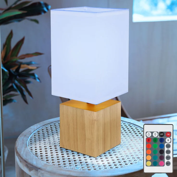 RGB LED Tischleuchte, Holz natur, Textil weiß, H 30 cm – Bild 2