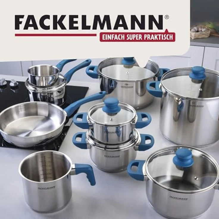 Fackelmann Kochtopf Essential Ø 16 cm, Edelstahl, mit ergonomischen Bakelit-Griffen, für alle Herdarten geeignet, mit Literskala, Blau – Bild 9